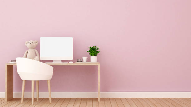 istock Teddy bear in workplace on pink wall for artwork kid room - Workplace ena empty space in pink room artwork for apartment or home - 3D Rendering 940829756