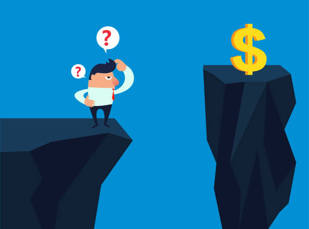 biznesmen znajduje dolara po drugiej stronie klifu - cliff finance risk uncertainty stock illustrations