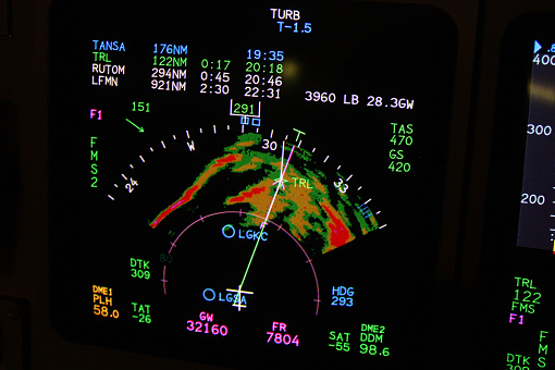 The Weather Radar on a Falcon 2000 Business Jet presenting the pilots with a picture of a severe thunderstorm ahead. Inflight, overhead Greece enroute to Nice, France.