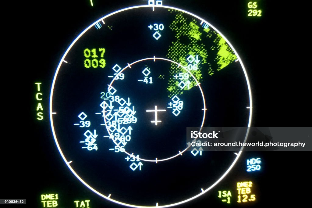 Air Traffic Situation Around New York City Shown in a Falcon Business Jet The TCAS mode of the MFD (Multi Function Display) of a Falcon 2000 Business Jet showing the pilots the traffic and terrain information in the New York City area. Enroute to Teterboro. Airplane Stock Photo