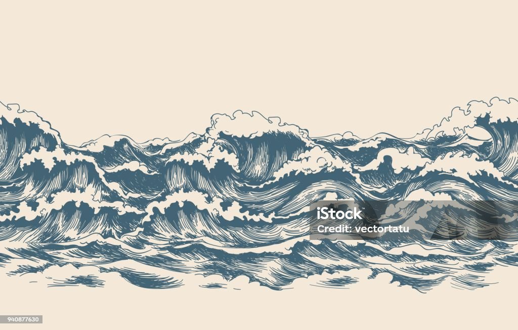 Sea waves sketch pattern Sea waves sketch pattern. Ocean surf wave hand drawn horizontal seamless pattern vector illustration Sea stock vector