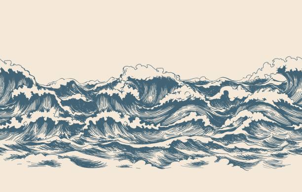 Sea waves sketch pattern Sea waves sketch pattern. Ocean surf wave hand drawn horizontal seamless pattern vector illustration hand drawing background stock illustrations