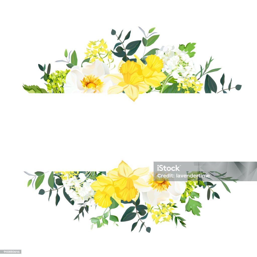 Yellow wedding horizontal botanical vector design banner Yellow wedding horizontal botanical vector design banner. Daffodil, wild rose, white and green hydrangea, eucalyptus and wildflowers.Composition isolated on white background. All elements are editable Yellow stock vector