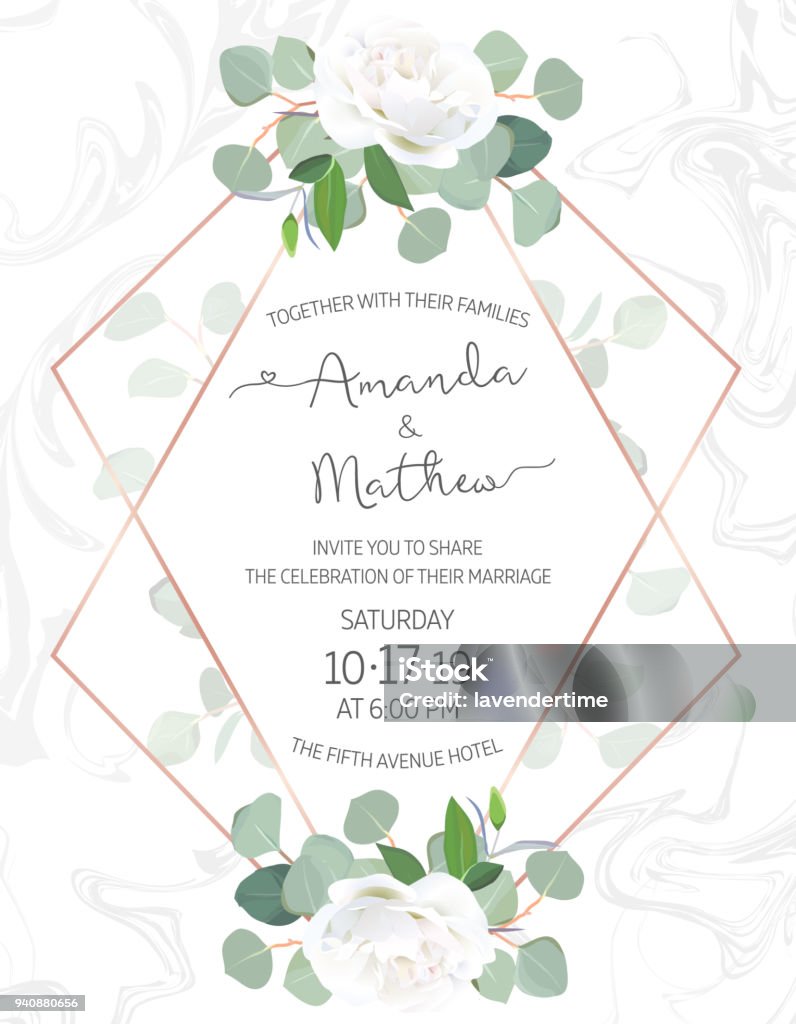 Polygonal floral vector design frame Polygonal floral vector design frame on white marble textured background. Creamy white rose, silver dollar eucalyptus, greenery. Trendy wedding card. Pink gold line art. All elements are isolated. Flower stock vector