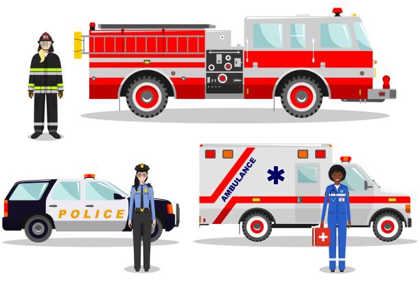 Emergency concept. Detailed illustration of female firefighter, doctor, policeman with fire truck, ambulance and police car in flat style on white background. Vector illustration. Detailed illustration of female fireman, emergency doctor, police officer with fire truck, ambulance and police car in flat style on white background. police and firemen stock illustrations