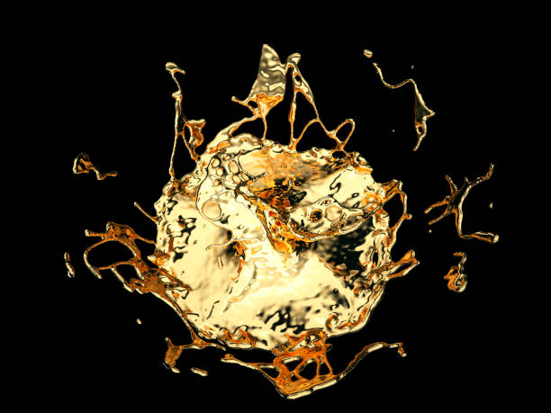 istock Liquid gold or oil splatter and splashes isolated on black. 3d render, 3d illustration 940883880