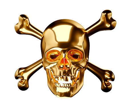 Golden Skull with crossbones or totenkopf isolated on white 3d render 3d illustration