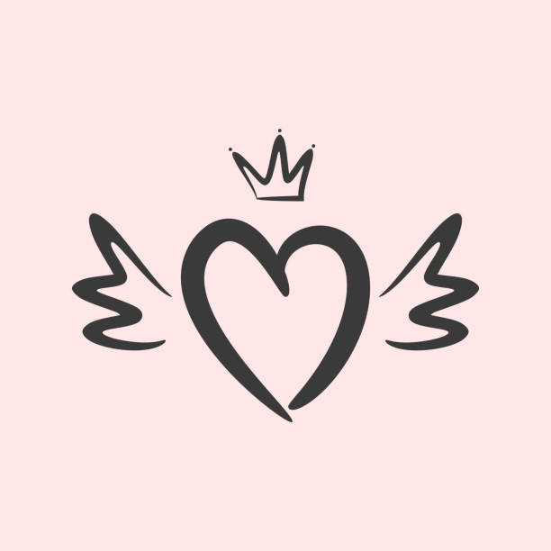 illustrations, cliparts, dessins animés et icônes de schéma du coeur avec des ailes et couronne. dessinée à la main, sketch, doodle. - couronne solaire