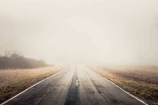 Foggy landscape with an empty road leading into the misty distance.