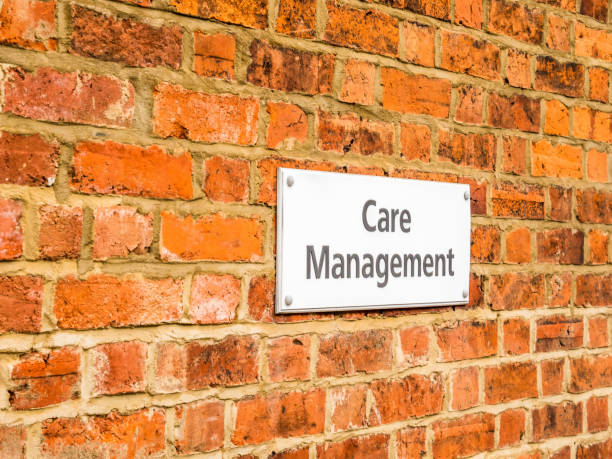 istock Day view Care Management banner label on red brick wall in UK 940911470