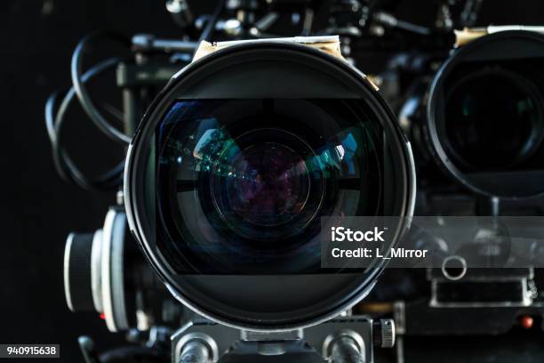 Close Up Shot Of Cinema Lens With Lot Of Equipment For Filming Cinema Or Movie In A Division Filming Cinema Lens Photo Lens Stock Photo - Download Image Now