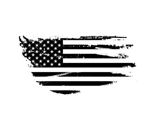 illustrazioni stock, clip art, cartoni animati e icone di tendenza di illustrazione di bandiera vintage nera usa. bandiera vettoriale americana sulla trama grunge. - grunge flag
