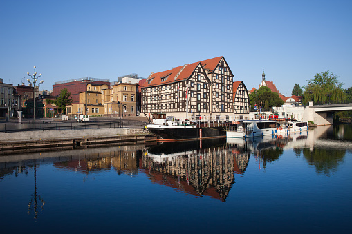 City of Bydgoszcz in Poland and Granaries by the Brda river.
