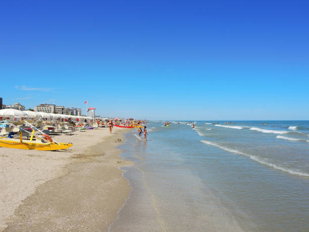 Riccione, Italy. The shore of the beach during summer time. Emilia Romagna region stock photo