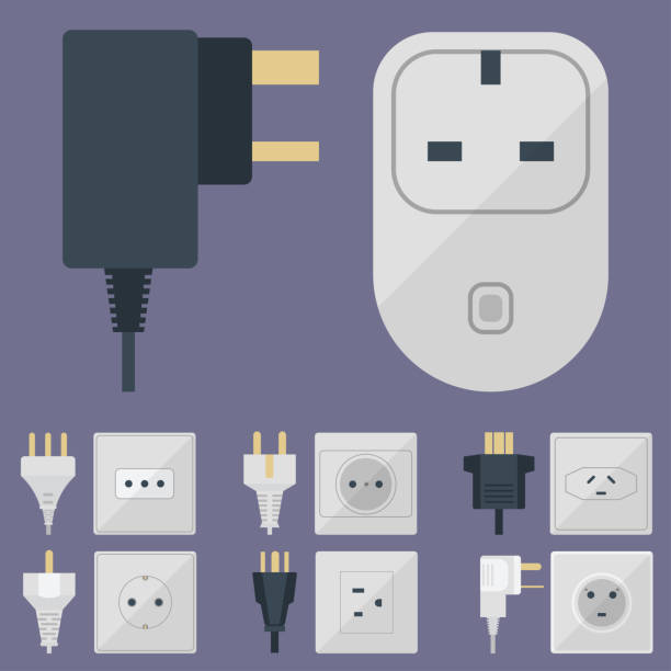 illustrazioni stock, clip art, cartoni animati e icone di tendenza di le prese elettriche impilano l'illustrazione dell'uscita dell'energia prese elettriche spine europee e statunitensi, icona interna dell'apparecchio asia. cavo cavo cavo cavo spina prese elettriche spine doppio americano - electric plug outlet electricity power line