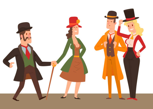 ilustrações de stock, clip art, desenhos animados e ícones de vintage victorian cartoon gents retro people vector. style fashion old people victorian gentleman clothing antique century character victorian gent people vintage wild west man and woman style - antique old fashioned illustration and painting ancient