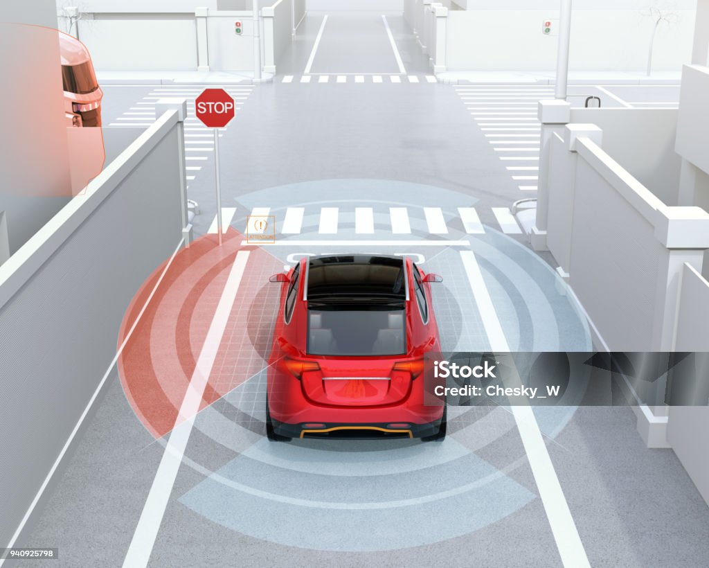 Rear view of red SUV in one-way street detected vehicle left side in the blind spot Rear view of red SUV in one-way street detected vehicle left side in the blind spot. Connected car concept. 3D rendering image. Vehicle blind spot Stock Photo