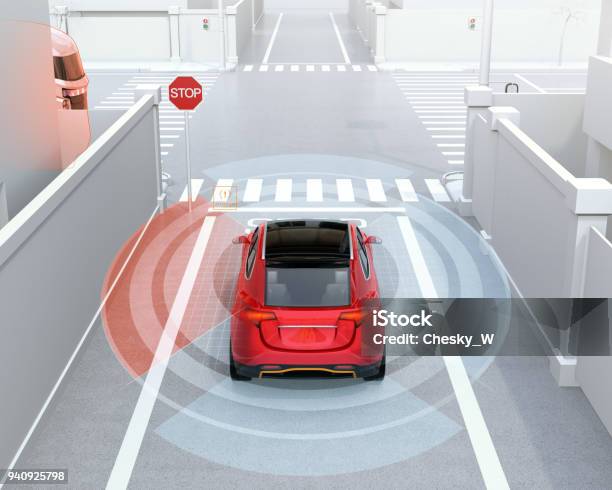 Rear View Of Red Suv In Oneway Street Detected Vehicle Left Side In The Blind Spot Stock Photo - Download Image Now