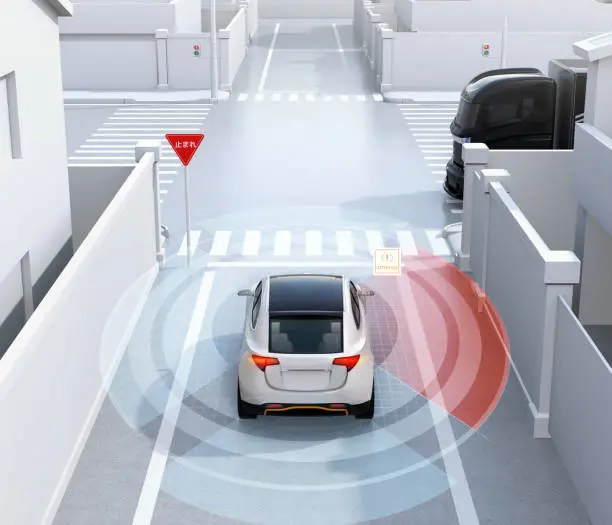 Rear view of white SUV in one-way street detected vehicle in the blind spot. Stop sign in Japanese.  left-hand traffic region. Connected car concept. 3D rendering image.