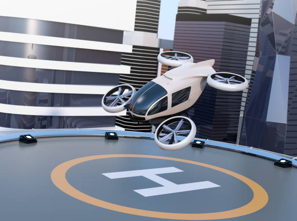 White self-driving passenger drone takeoff and landing on the helipad White self-driving passenger drone takeoff and landing on the helipad. 3D rendering image. tilt rotor stock pictures, royalty-free photos & images