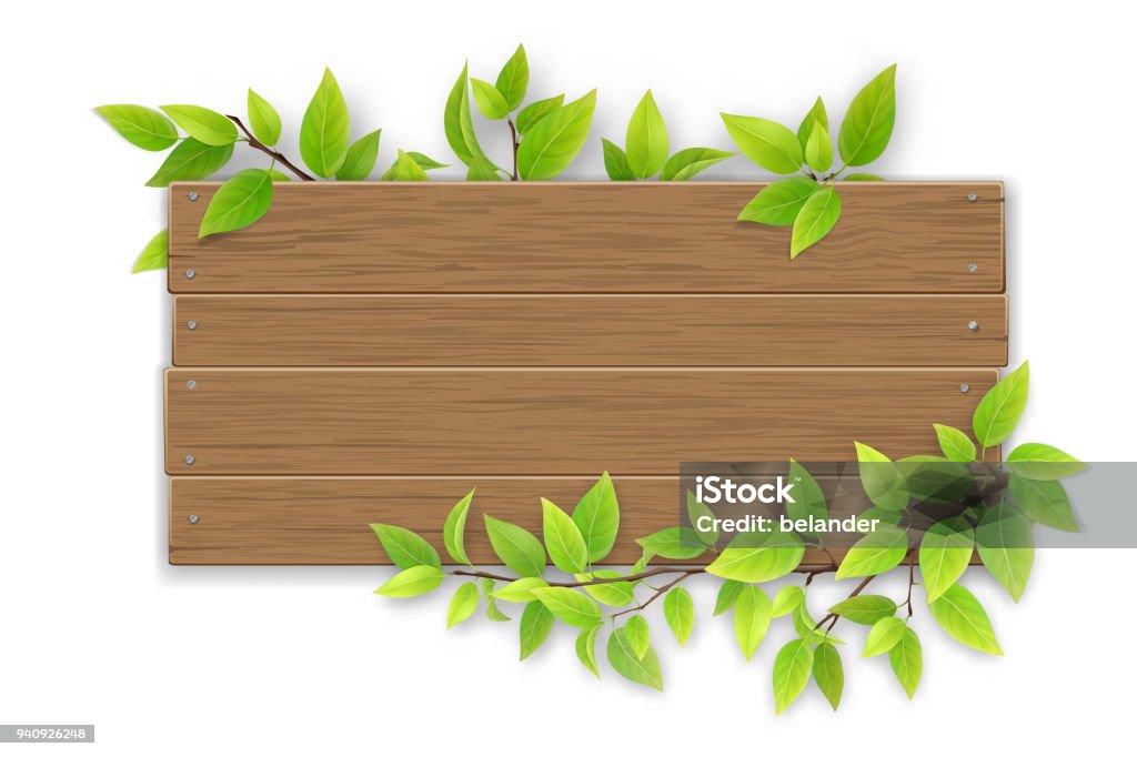 empty wooden sign with tree branch Empty wooden sign with space for text on a background of tree branches with green leaves. The template for a banner or an advertisement for a seasonal discount. Wood - Material stock vector