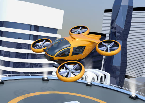 istock Orange self-driving passenger drone takeoff and landing on the helipad 940926292