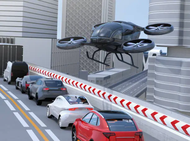 Black passenger drone flying over cars in heavy traffic jam. Concept for drone taxi. 3D rendering image.