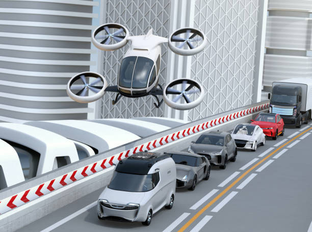 White passenger drone flying over cars in heavy traffic jam White passenger drone flying over cars in heavy traffic jam. Concept for drone taxi. 3D rendering image. tilt rotor stock pictures, royalty-free photos & images