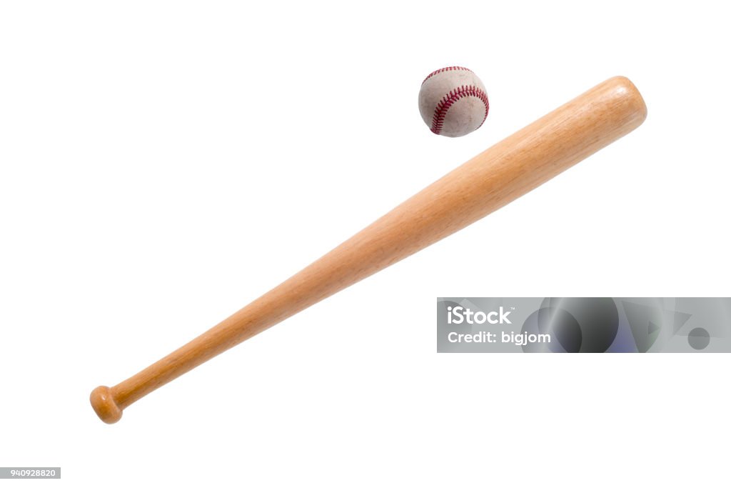closeup of baseball bat and ball on white background. Baseball Bat Stock Photo