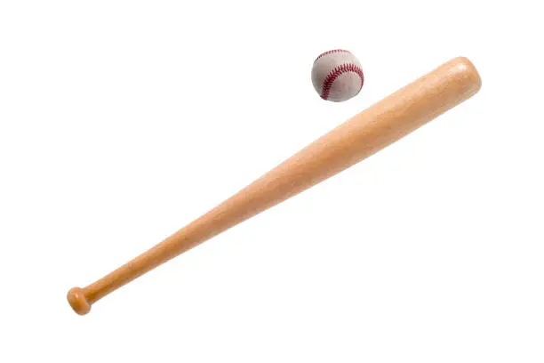 Photo of closeup of baseball bat and ball on white background.