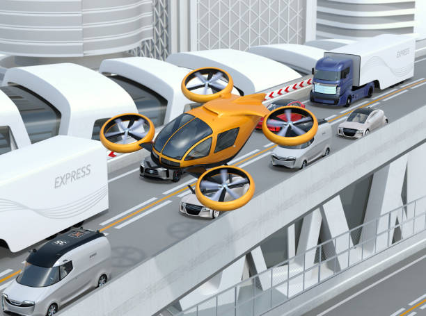 Yellow passenger drone flying over cars in heavy traffic jam Yellow passenger drone flying over cars in heavy traffic jam. Concept for drone taxi. 3D rendering image. tilt rotor stock pictures, royalty-free photos & images