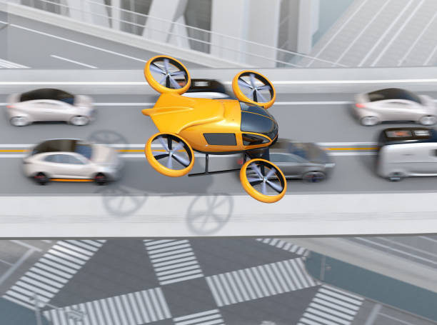 Yellow passenger drone flying over cars in heavy traffic jam Yellow passenger drone flying over cars in heavy traffic jam. Concept for drone taxi. 3D rendering image. tilt rotor stock pictures, royalty-free photos & images