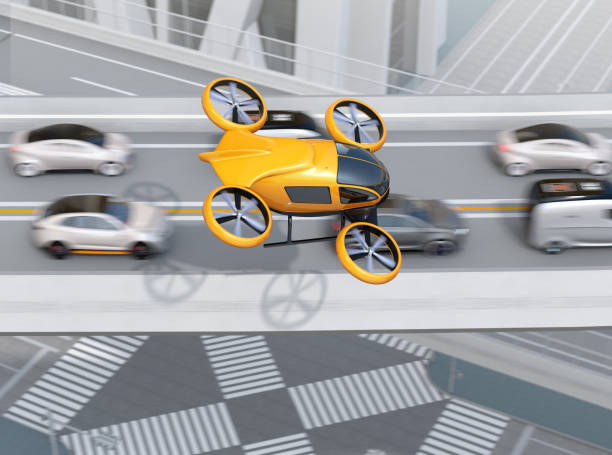 yellow passenger drone flying over cars in heavy traffic jam - traffic jam traffic sports utility vehicle car imagens e fotografias de stock