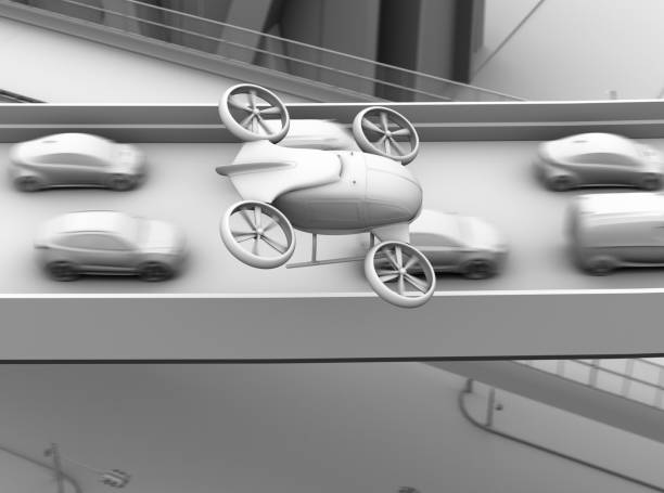 clay rendering of passenger drone flying over cars in heavy traffic jam - traffic jam traffic sports utility vehicle car imagens e fotografias de stock