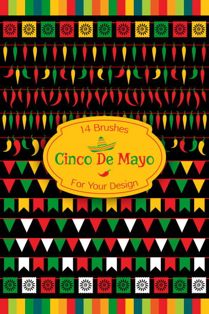 Set of 14 festive bunting brushes for party promo Set of 14 festive brushes for promo design. Bunting flags and jalapeno garlands with national and traditional colors for holiday invitation card, restaurant menu or party flyer. chili pepper border stock illustrations