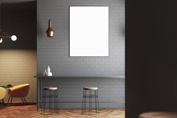 istock Gray wall bar and cafe interior, armchairs, poster 940930674