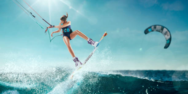 People are playing a jet ski in the sea.Aerial view. Top view.amazing nature background.The color of the water and beautifully bright. Fresh freedom. Adventure day.clear turquoise at tropical beach.