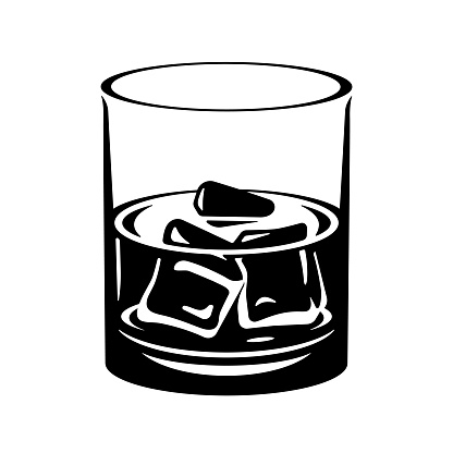 Glass with alcohol and ice cubes. Vector icon