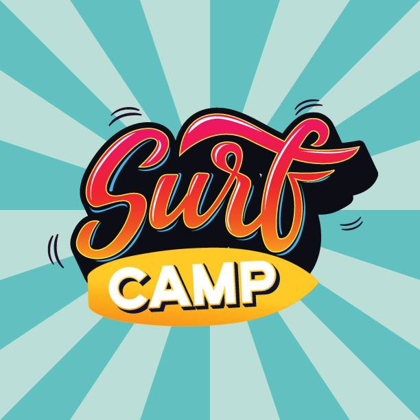 Surf camp Surf camp text for logotype, wear, sports camp, trip, banner, surf station. Hand lettering in vintage graffitti style. kiteboarding stock illustrations