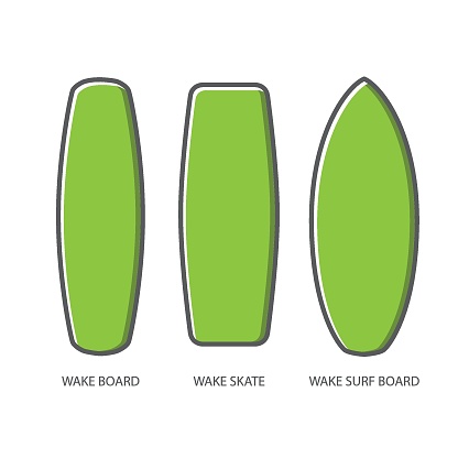 Wake board, wake skate, wake surf icon set. Water extreme sport vector equipment. Flat style design.