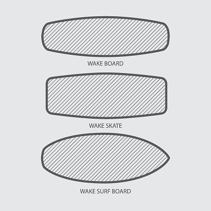 Wake board, wake skate, wake surf icon set. Water extreme sport vector equipment. Flat style design.