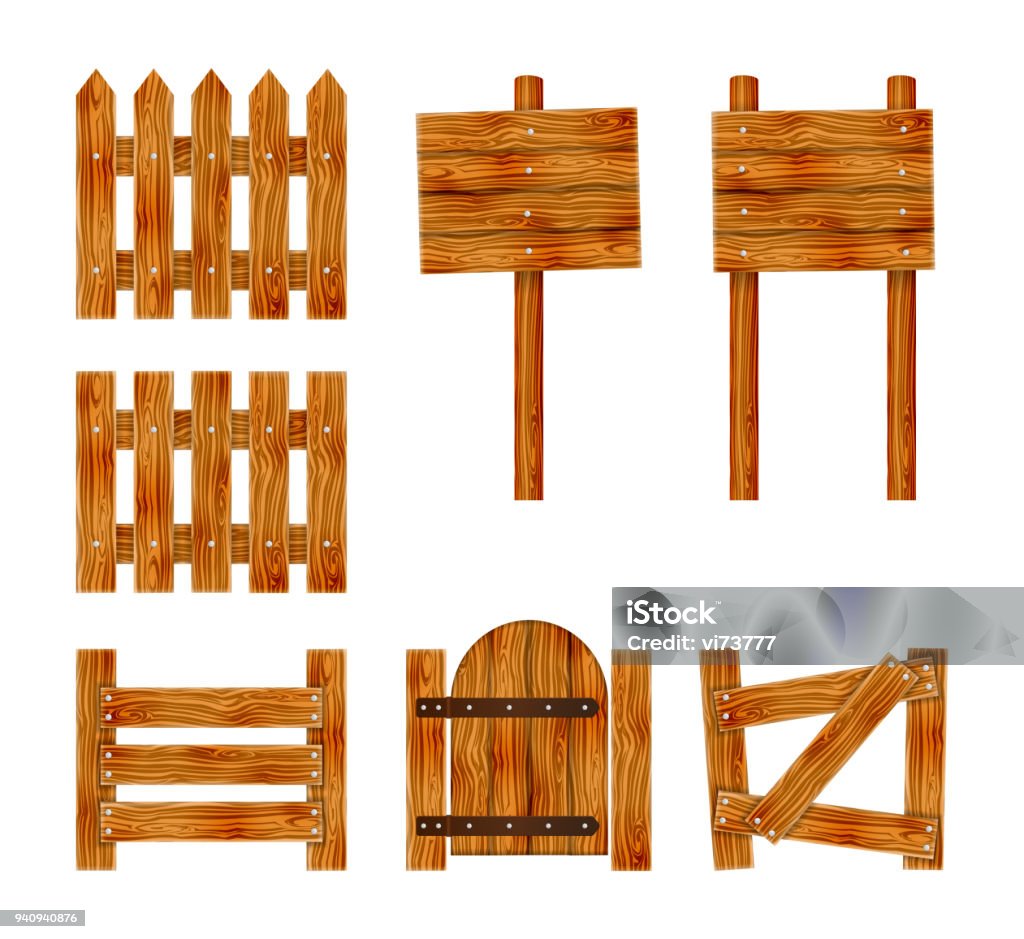 Wooden Fence With A Gate And Signboard Elements Set For Rural Design Cartoon  Vector Illustration Stock Illustration - Download Image Now - iStock