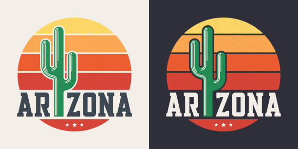 arizona t-shirt-design, print, typografie, label mit gestylten saguaro-kaktus und sonne - arizona stock-grafiken, -clipart, -cartoons und -symbole