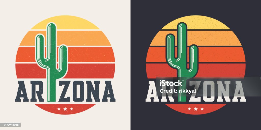 Arizona t-shirt design, print, typography, label with styled saguaro cactus and sun Arizona t-shirt design, print, typography, label with styled saguaro cactus and sun. Vector illustration. Cactus stock vector