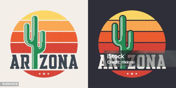 Arizona Tshirt Design Print Typography Label With Styled Saguaro Cactus And Sun Stock Illustration - Download Image Now