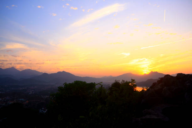 Silhouette mountain with river and sunset.Beautiful sunset and nature landscape
