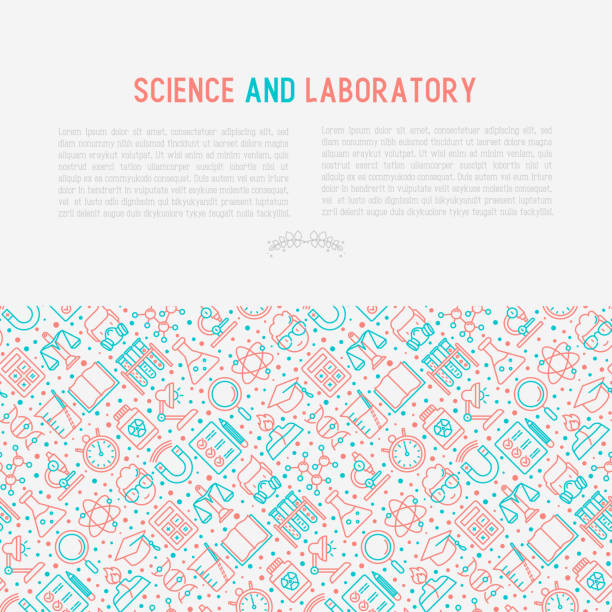 ilustraciones, imágenes clip art, dibujos animados e iconos de stock de laboratorio de ciencia y concepto con los iconos de la delgada línea del científico, adn, microscopio, balanzas, imán, respirador, lámpara de alcohol. ilustración de vector de banner, página web, medios impresos. - beaker laboratory weight scale physics