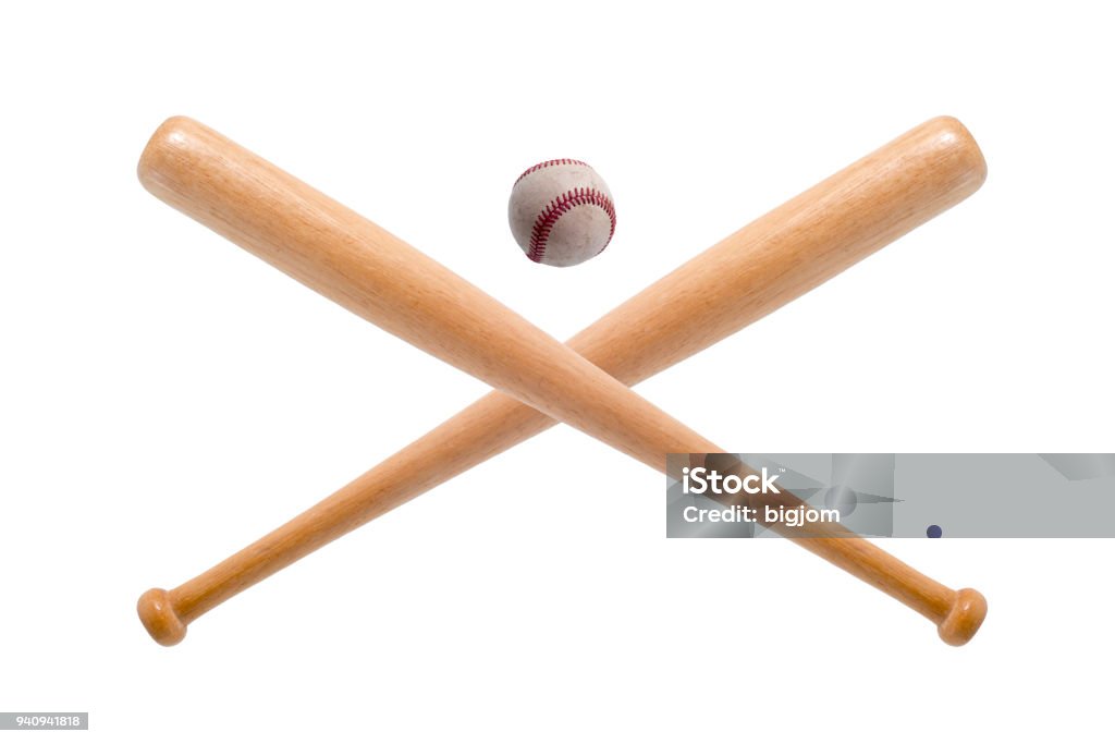 closeup of baseball bat and ball on white background. Baseball - Ball Stock Photo