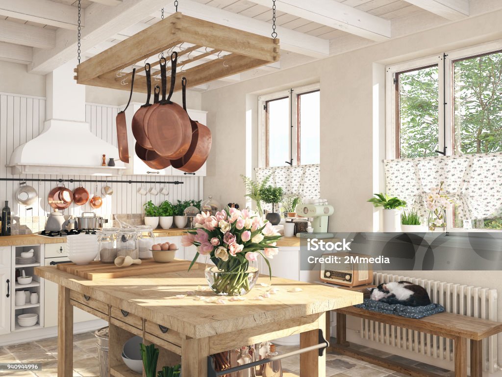retro kitchen in a cottage with sleeping cat. 3D RENDERING 3D RENDERING. retro kitchen in a cottage with sleeping cat. Cottage Stock Photo