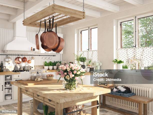 Retro Kitchen In A Cottage With Sleeping Cat 3d Rendering Stock Photo - Download Image Now